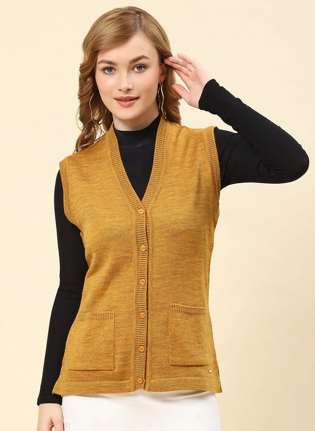 Women Mustard Solid Blend wool Cardigan - Image 2