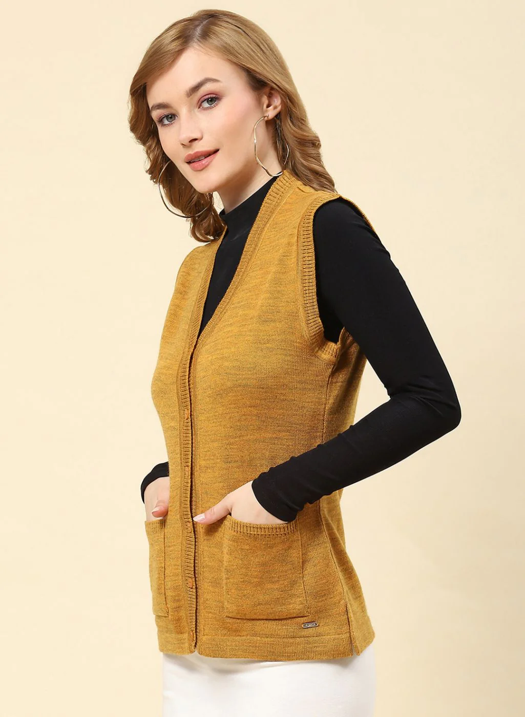 Women Mustard Solid Blend wool Cardigan - Image 3