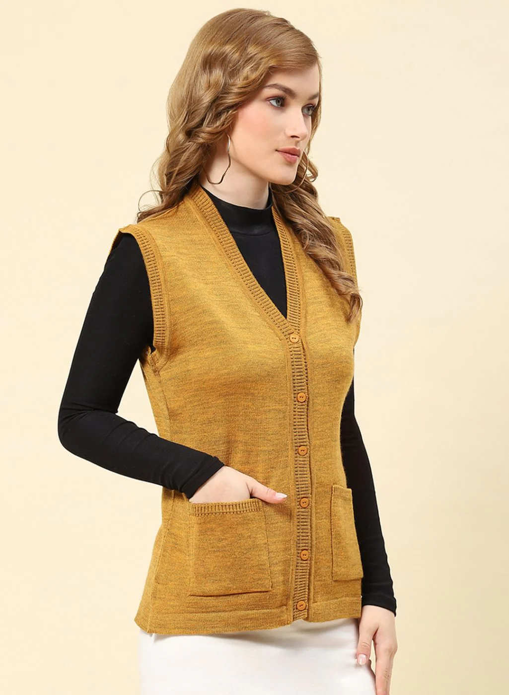 Women Mustard Solid Blend wool Cardigan - Image 4