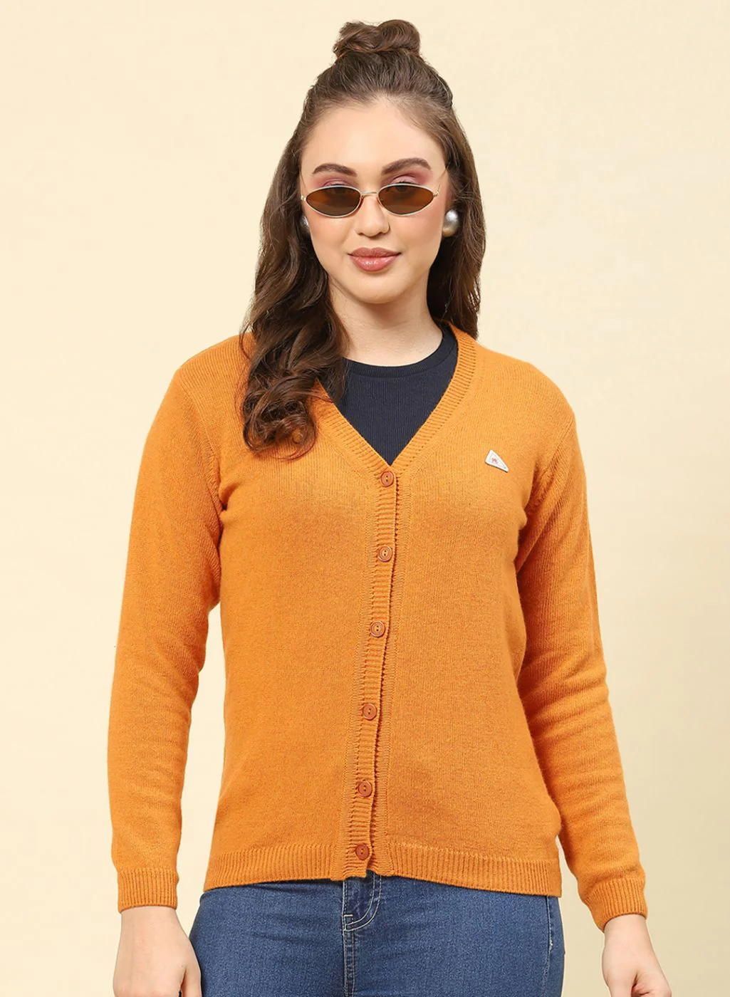 Women Mustard Solid Lamb wool Cardigan - Image 2