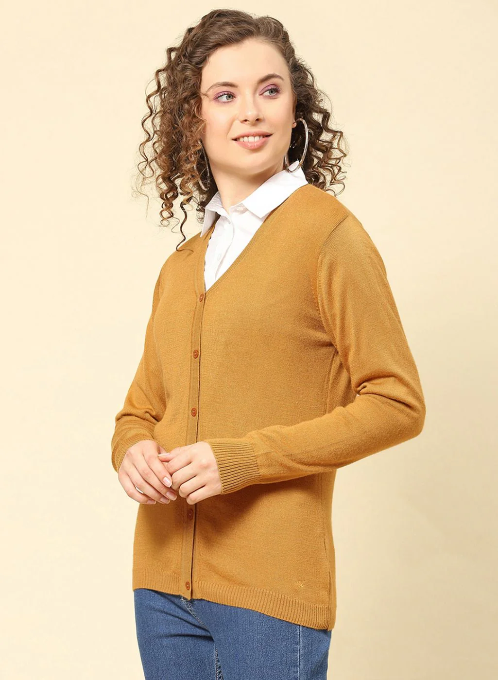 Women Mustard Solid Modal Nylone Cardigan - Image 3