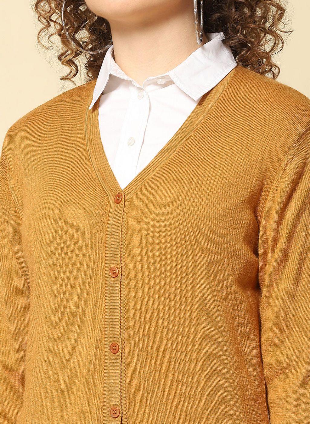 Women Mustard Solid Modal Nylone Cardigan - Image 6