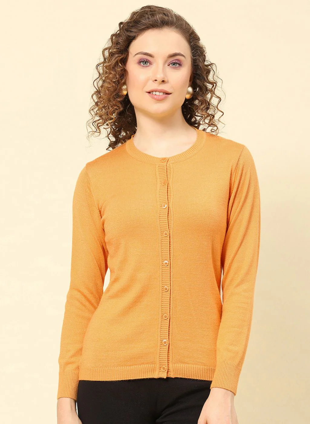 Women Mustard Solid Modal Nylone Cardigan - Image 2