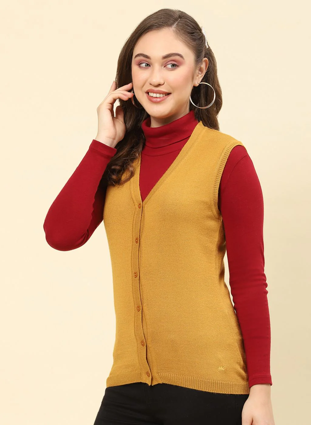 Women Mustard Solid Modal Nylone Cardigan - Image 3