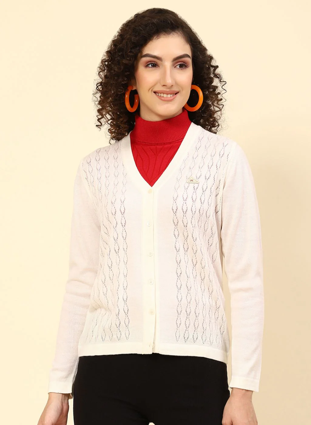 Women Off White Self Design Wool blend Cardigan - Image 2