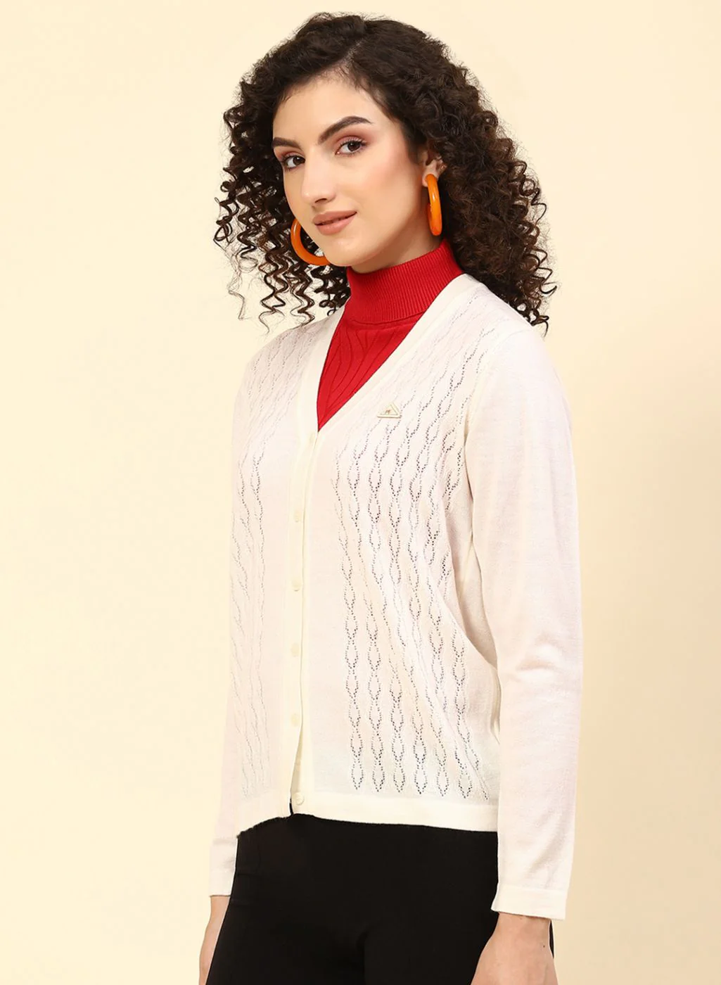 Women Off White Self Design Wool blend Cardigan - Image 3