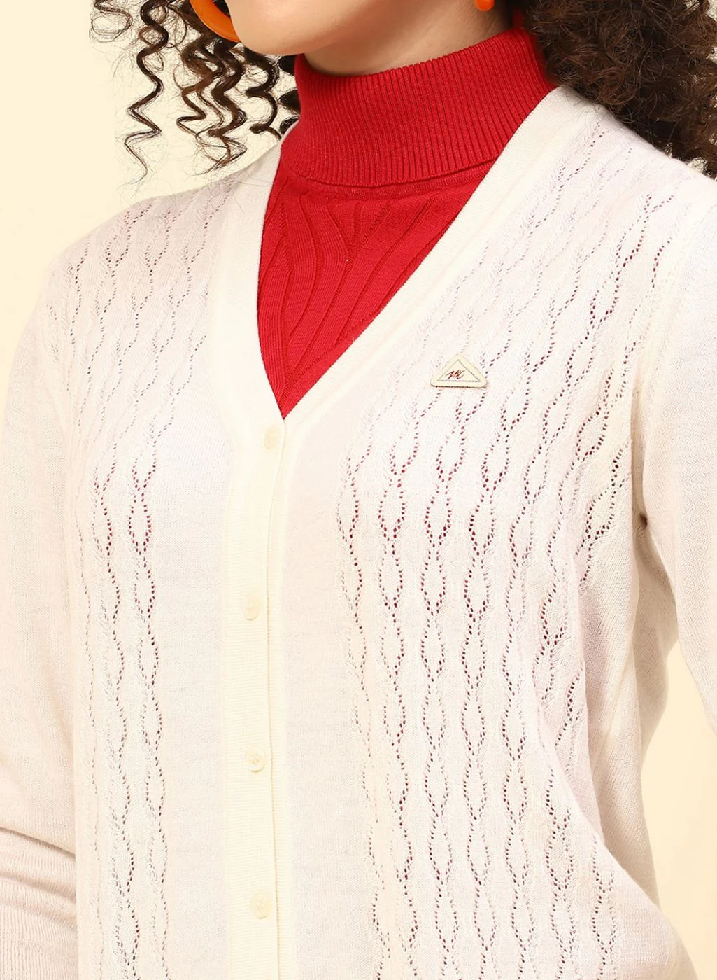 Women Off White Self Design Wool blend Cardigan - Image 6