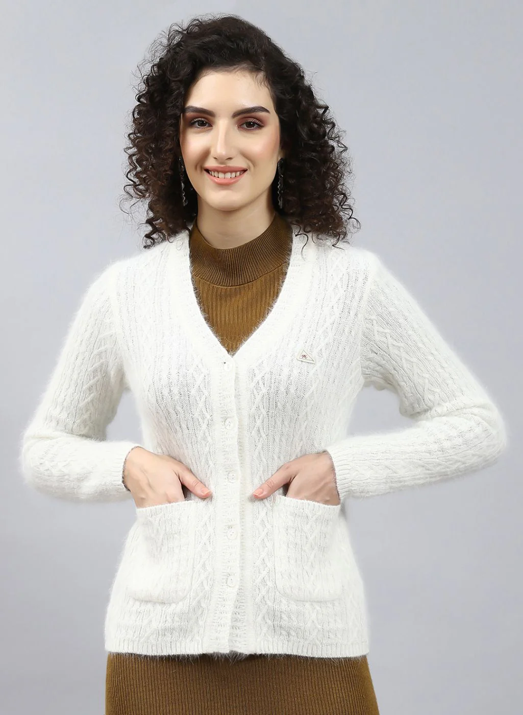 Women Off White Self Design Wool blend Cardigan - Image 2