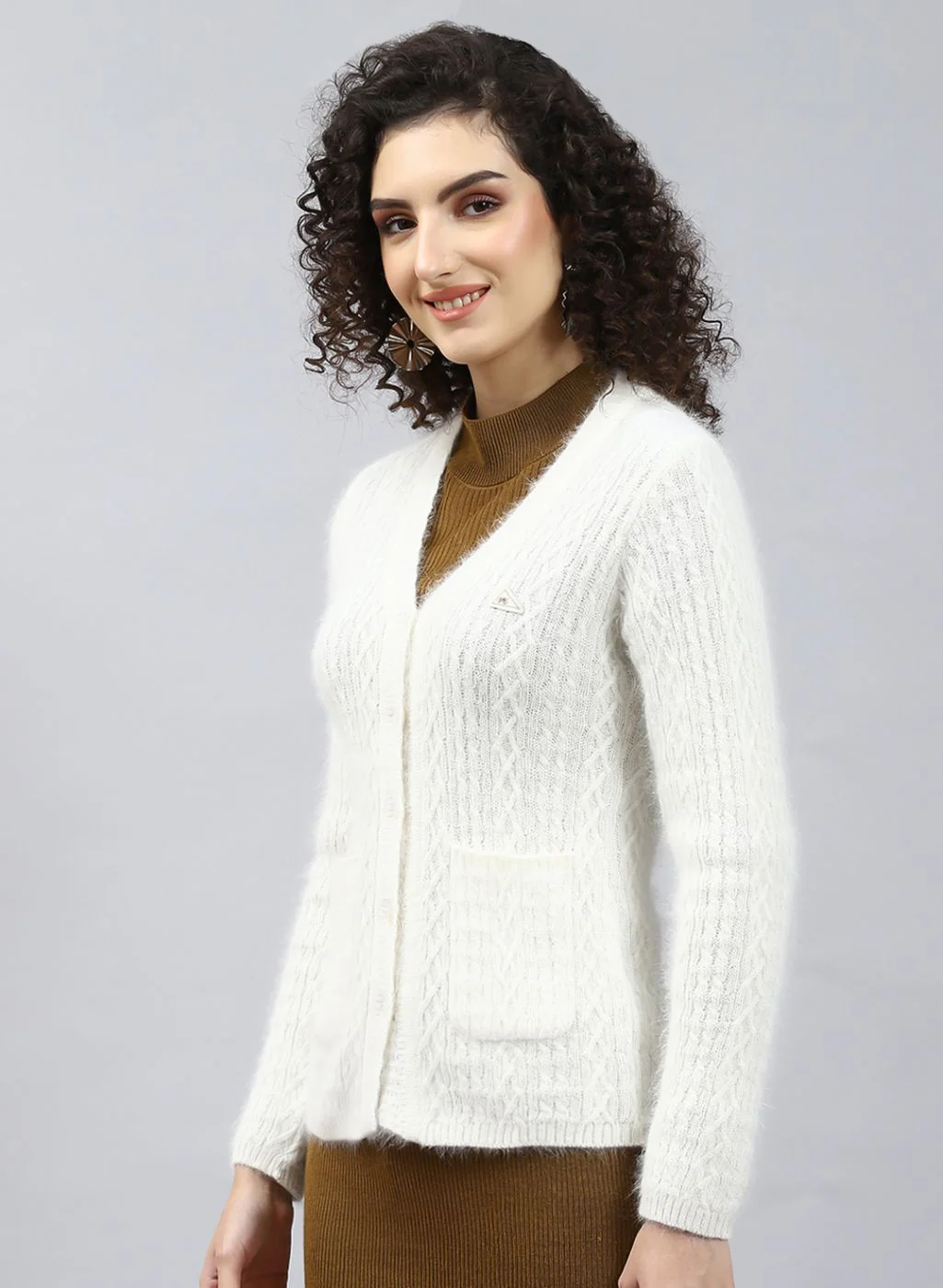 Women Off White Self Design Wool blend Cardigan - Image 3