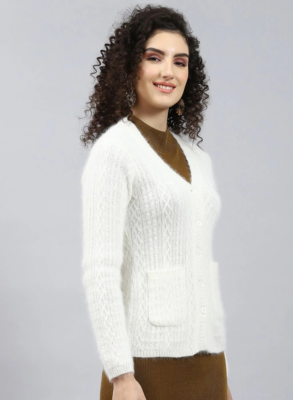 Women Off White Self Design Wool blend Cardigan - Image 4