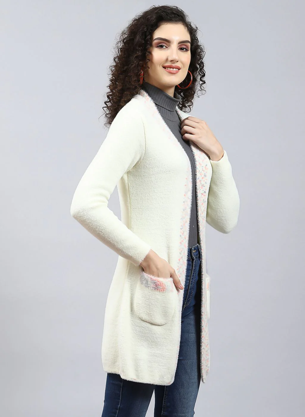 Women Off White Self Design Wool blend Cardigan - Image 4