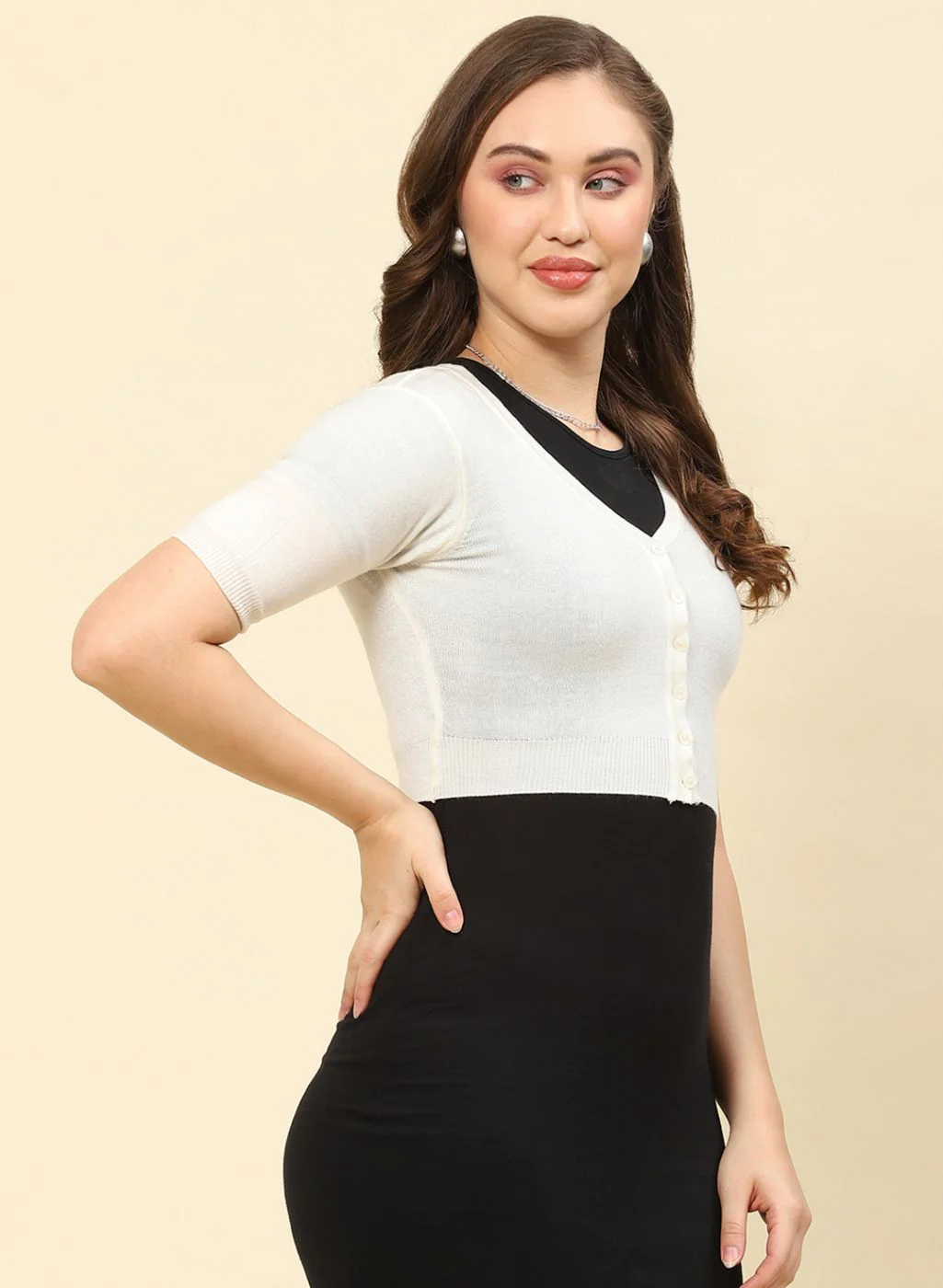 Women Off White Solid Blend wool Blouse - Image 4