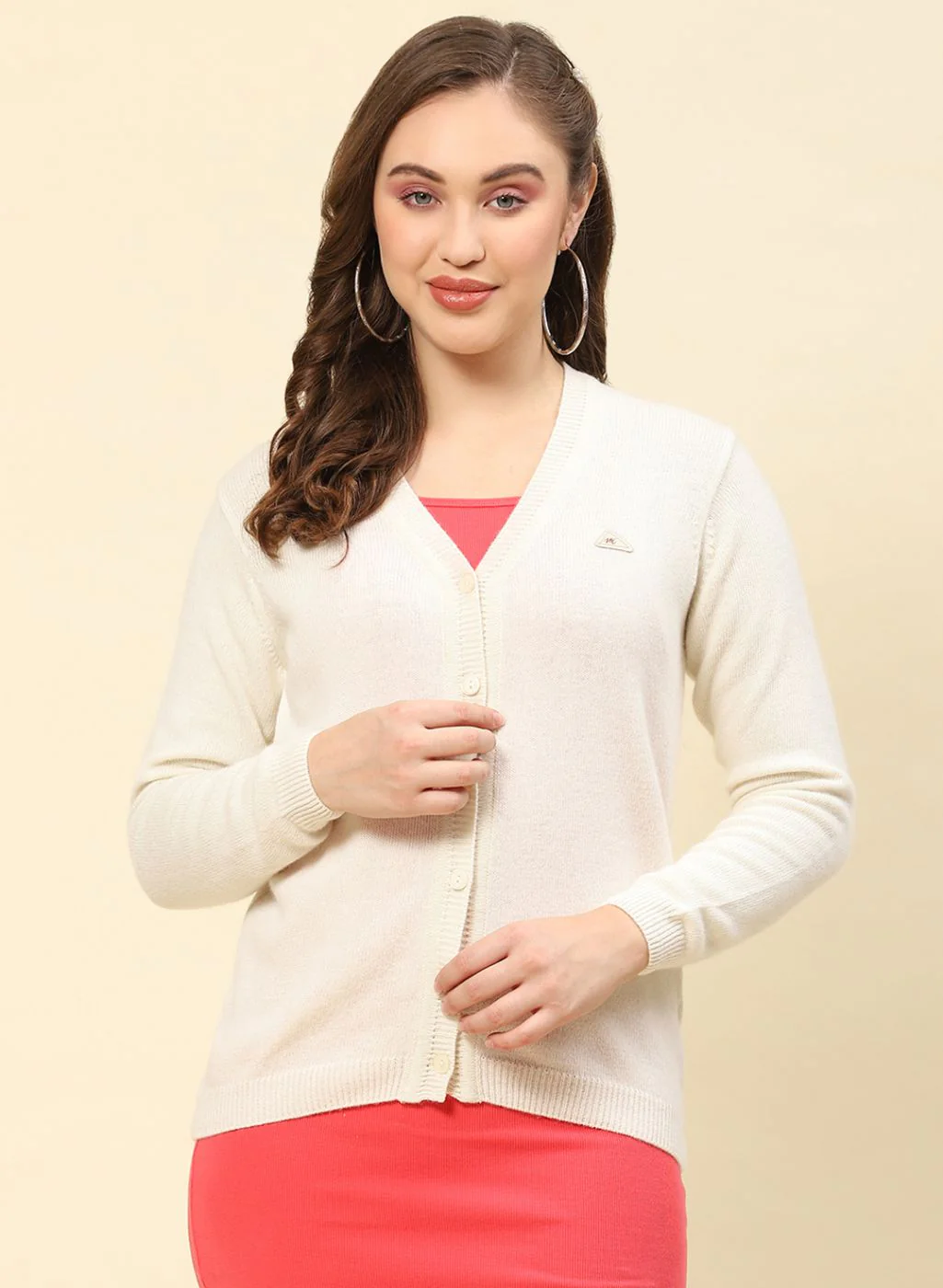 Women Off White Solid Lamb wool Cardigan - Image 2
