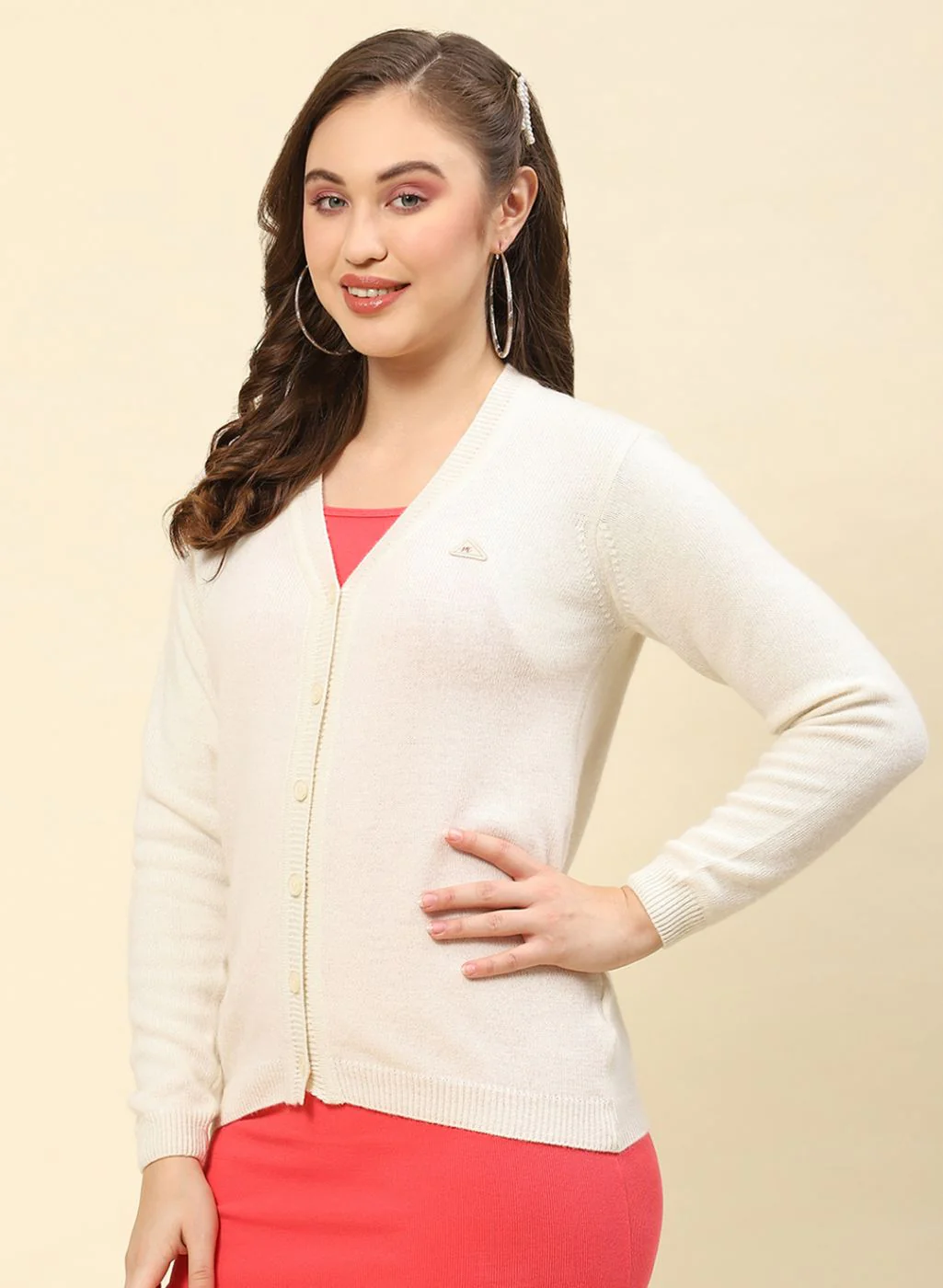 Women Off White Solid Lamb wool Cardigan - Image 3