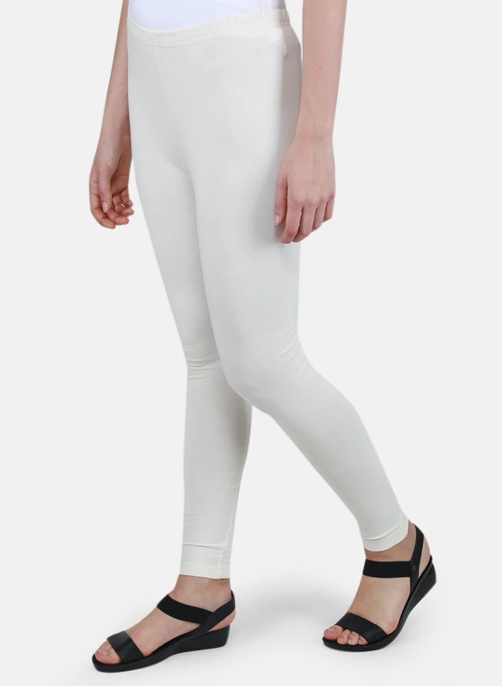 Women Off White Solid Legging - Image 2