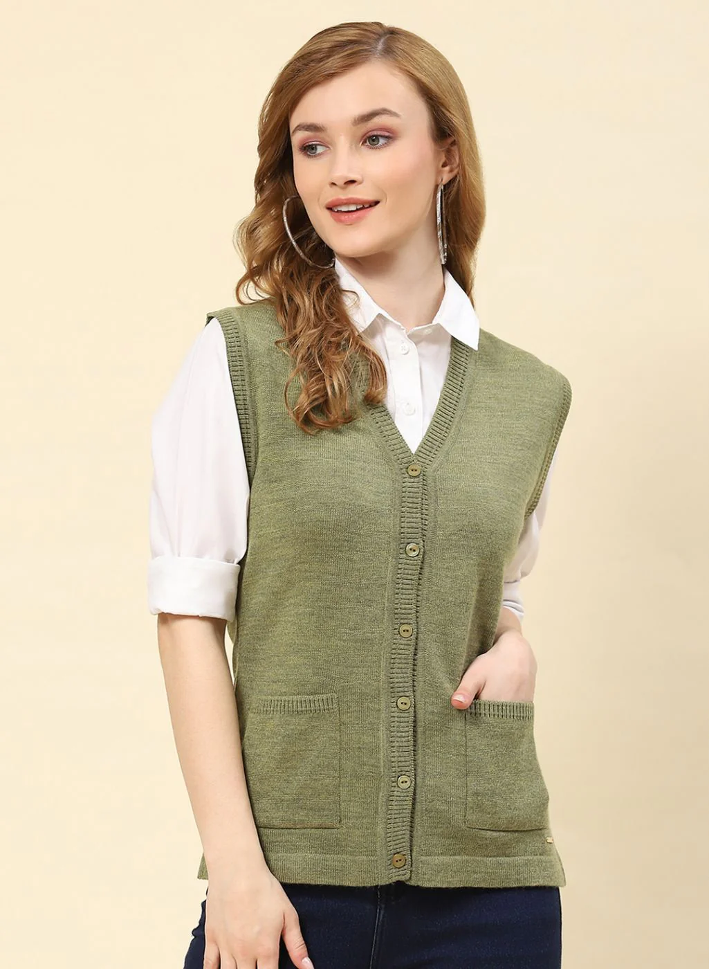 Women Olive Solid Blend wool Cardigan - Image 2