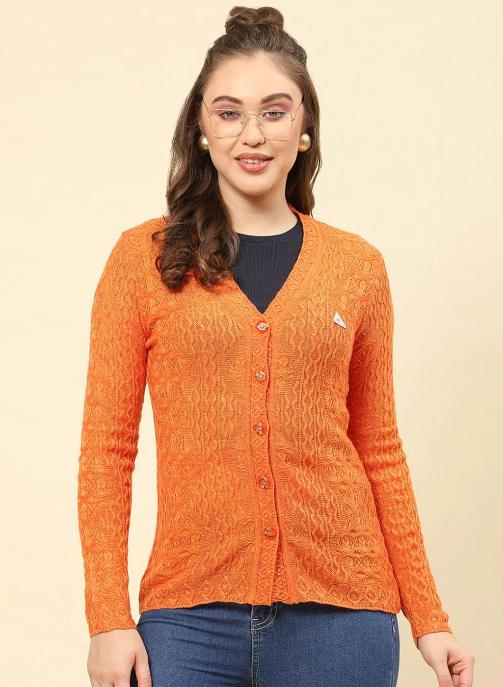 Women Orange Self Design Blend wool Cardigan - Image 2
