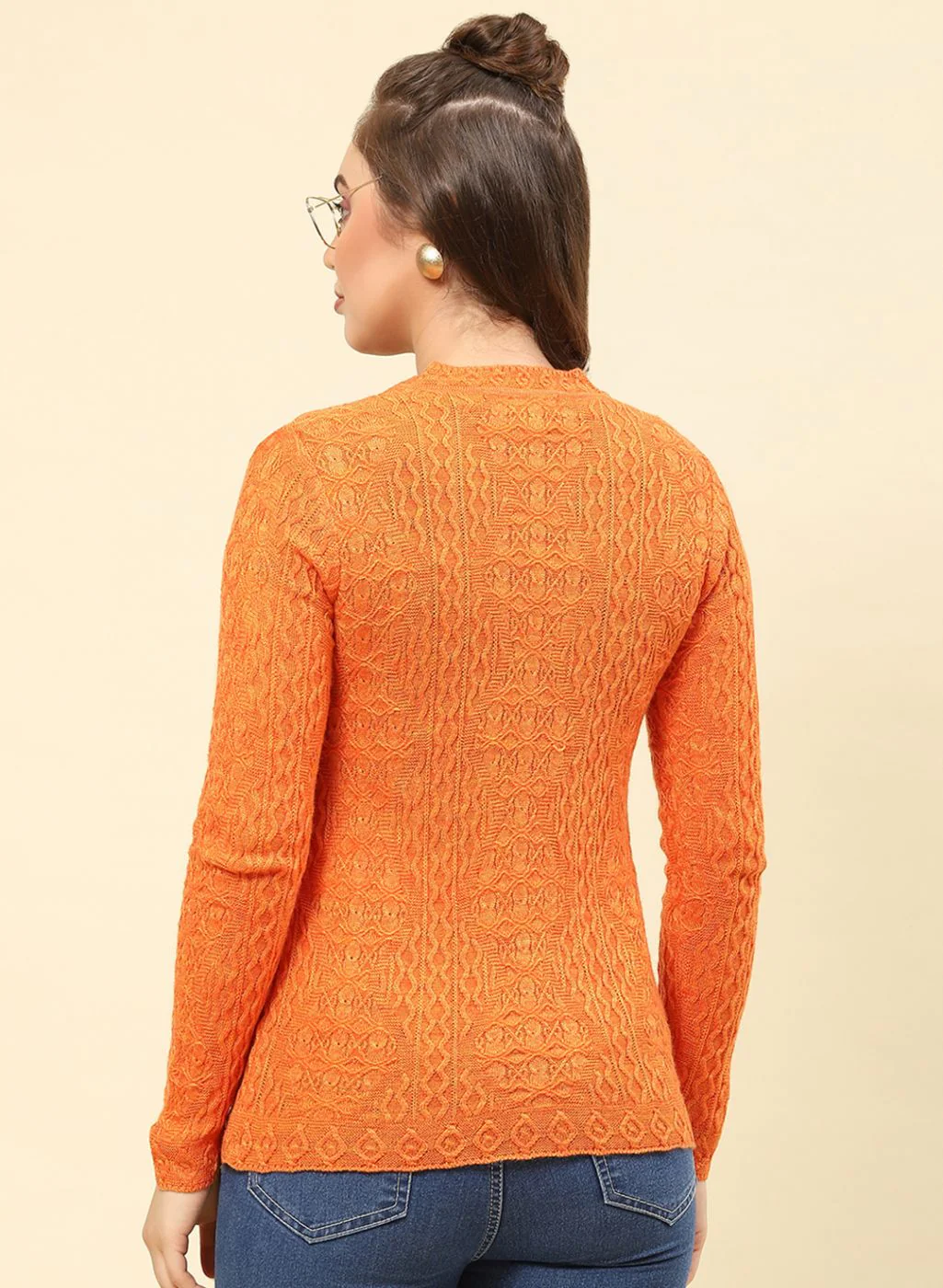 Women Orange Self Design Blend wool Cardigan - Image 5
