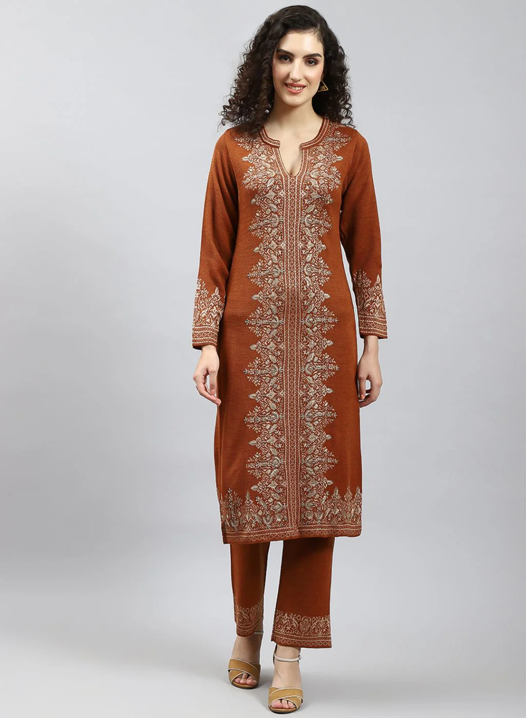 Women Orange Self Design Kurti+Lower Set for Winter - Image 2