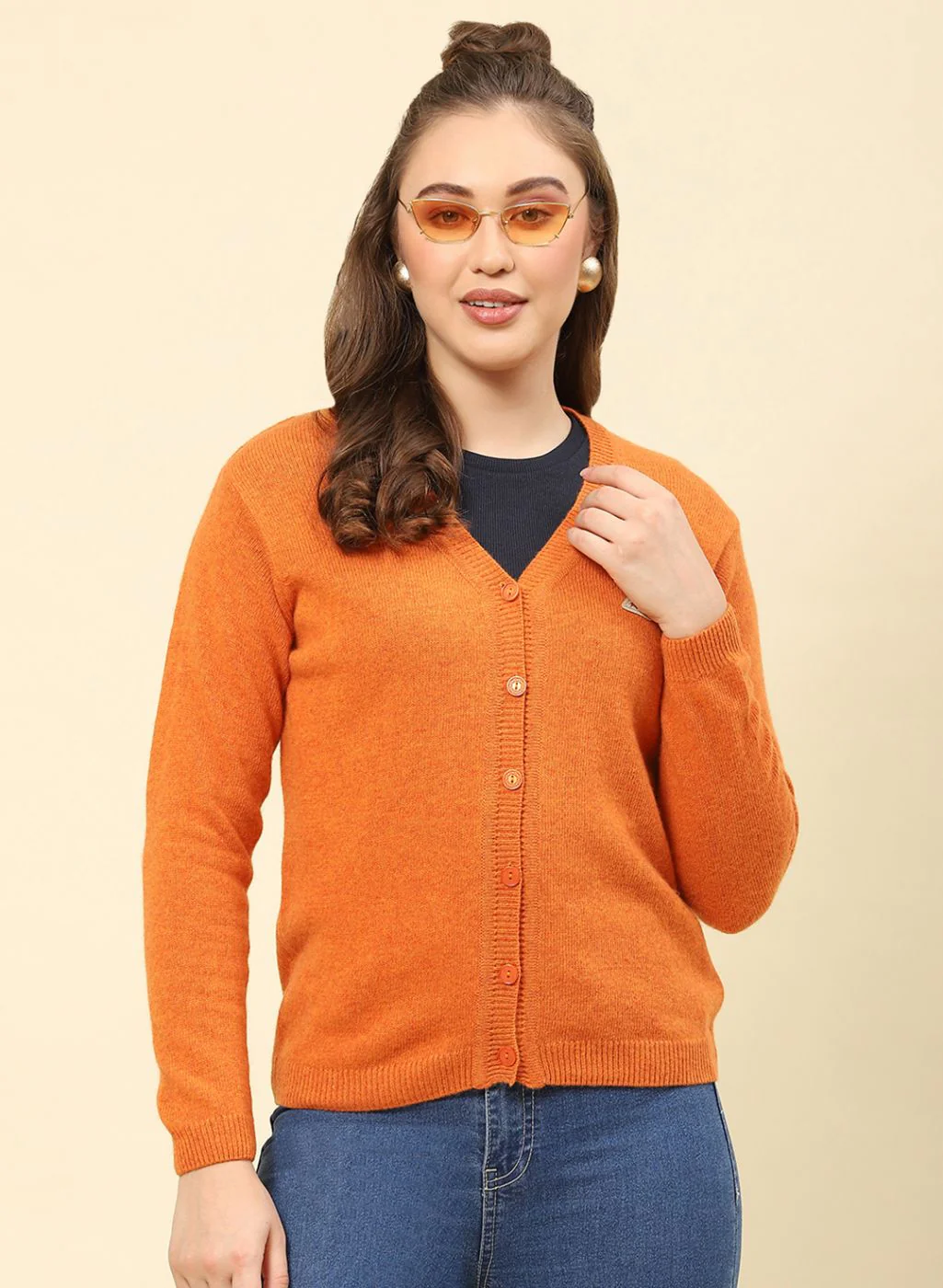 Women Orange Solid Lamb wool Cardigan - Image 2