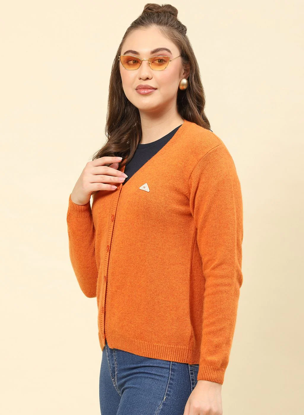 Women Orange Solid Lamb wool Cardigan - Image 3