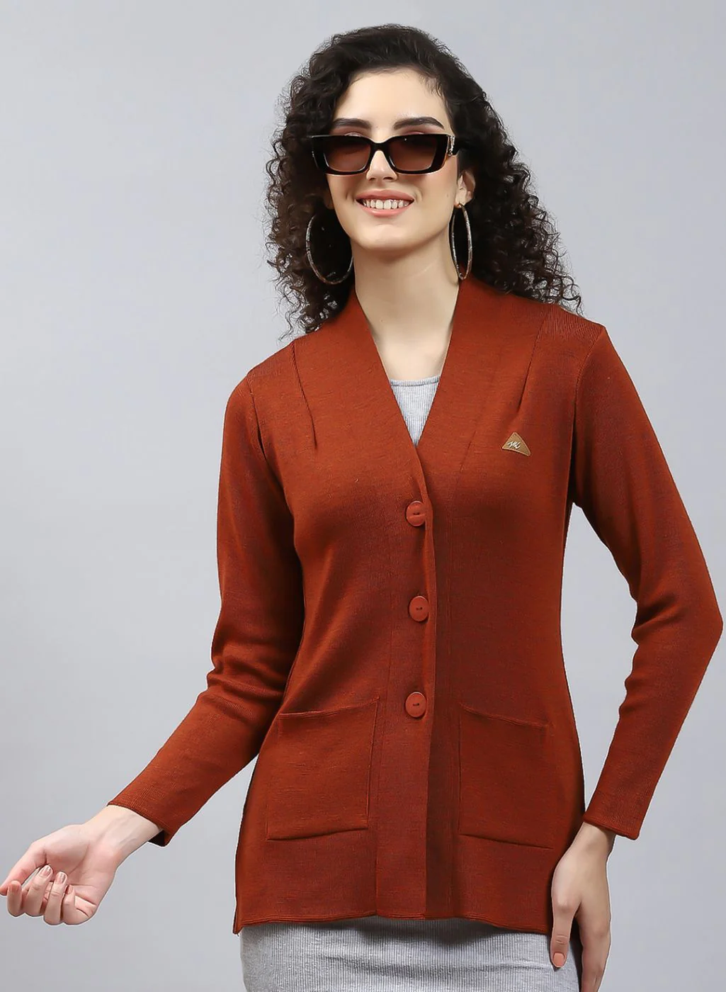 Women Orange Solid Pure wool Cardigan - Image 2