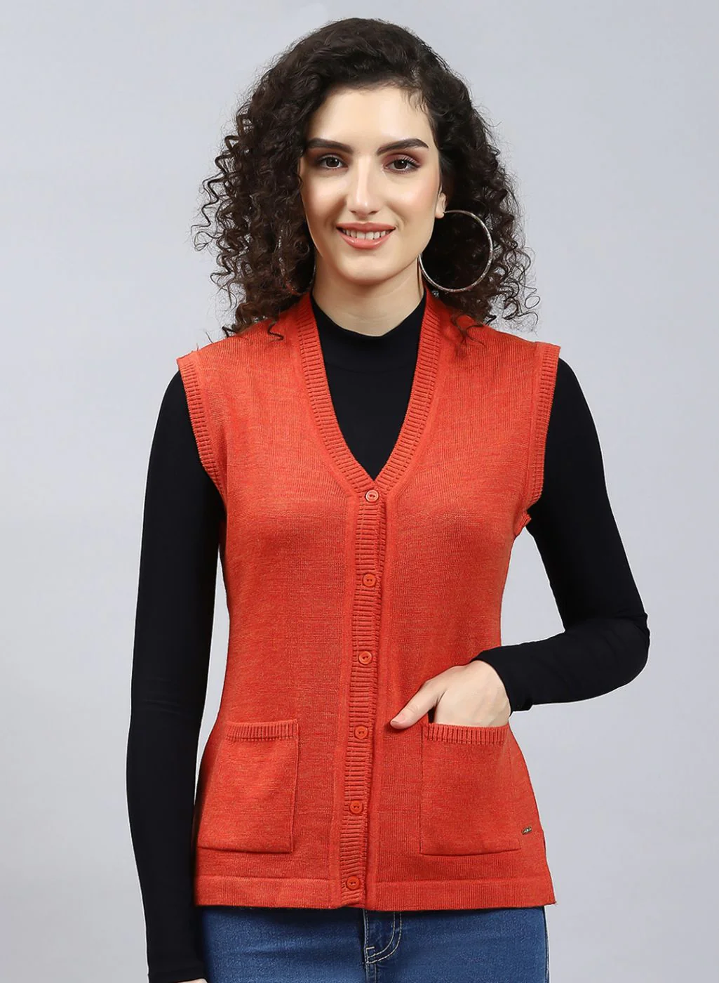 Women Orange Solid Wool blend Cardigan - Image 2