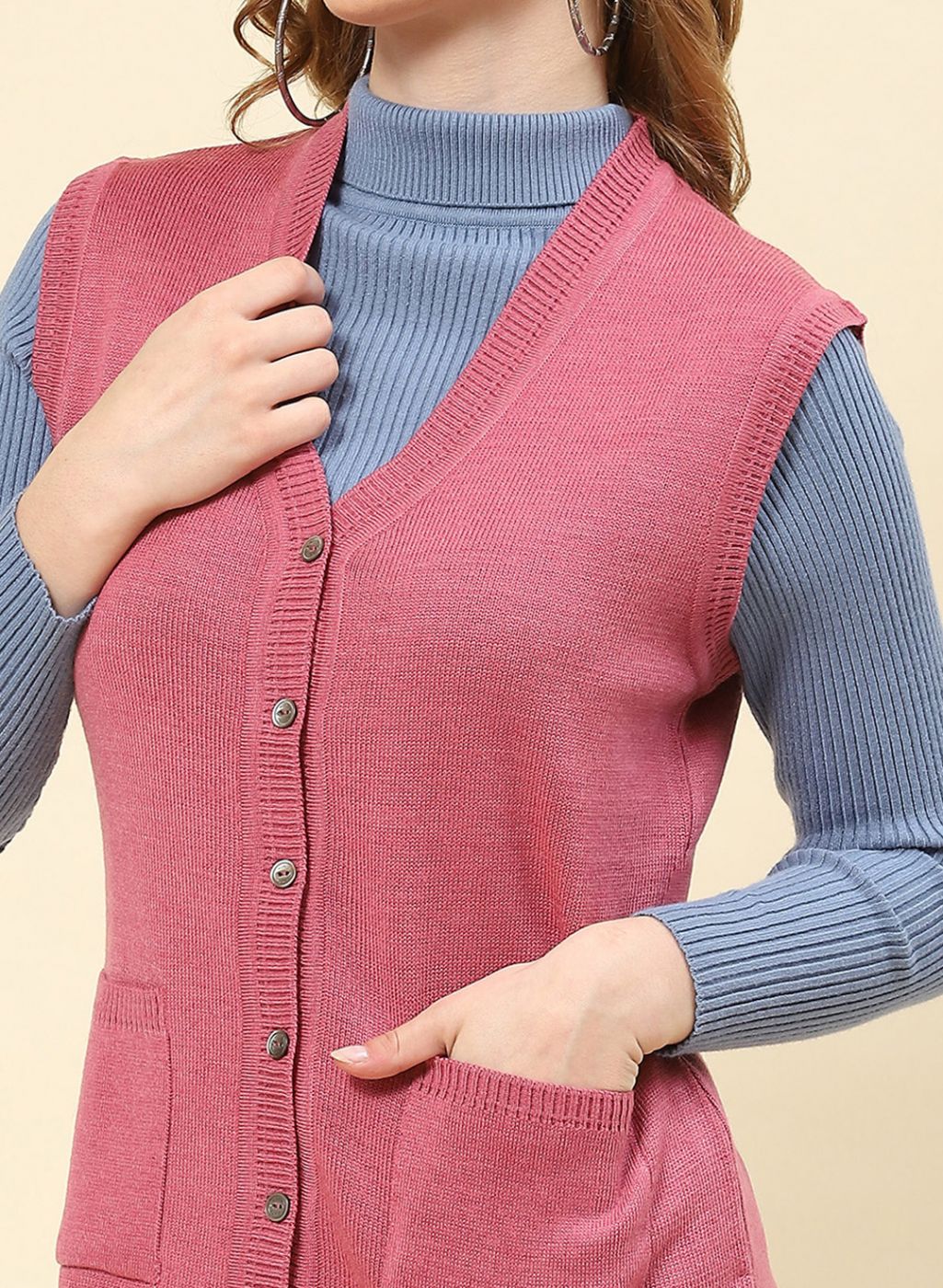 Women Pink Solid Blend wool Cardigan - Image 6