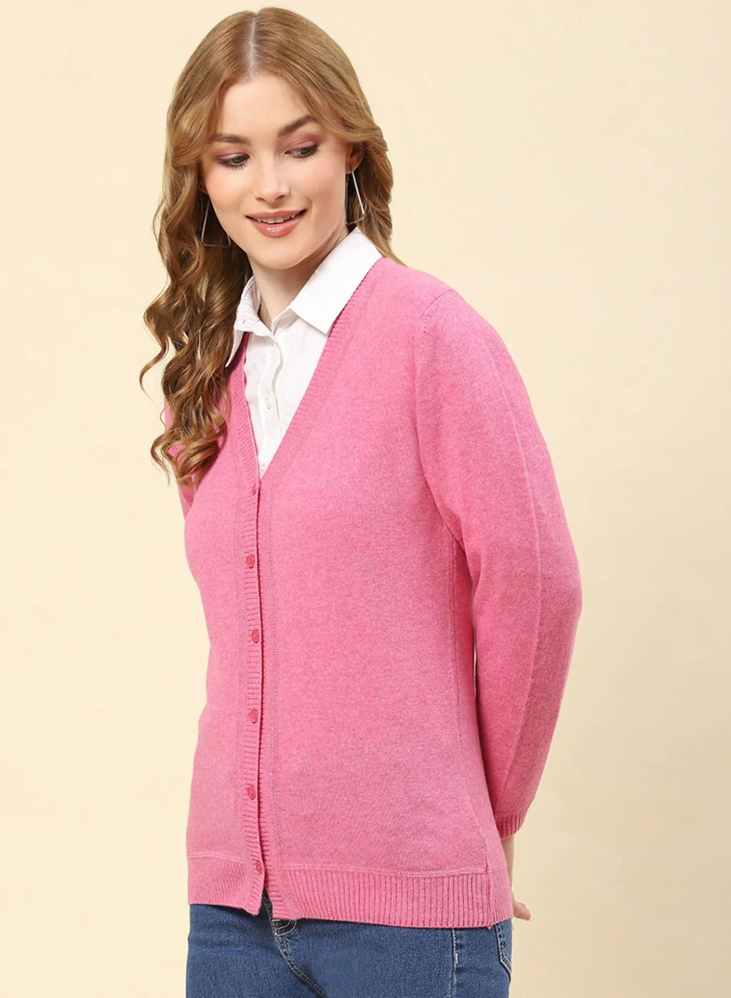 Women Pink Solid Lamb wool Cardigan - Image 3