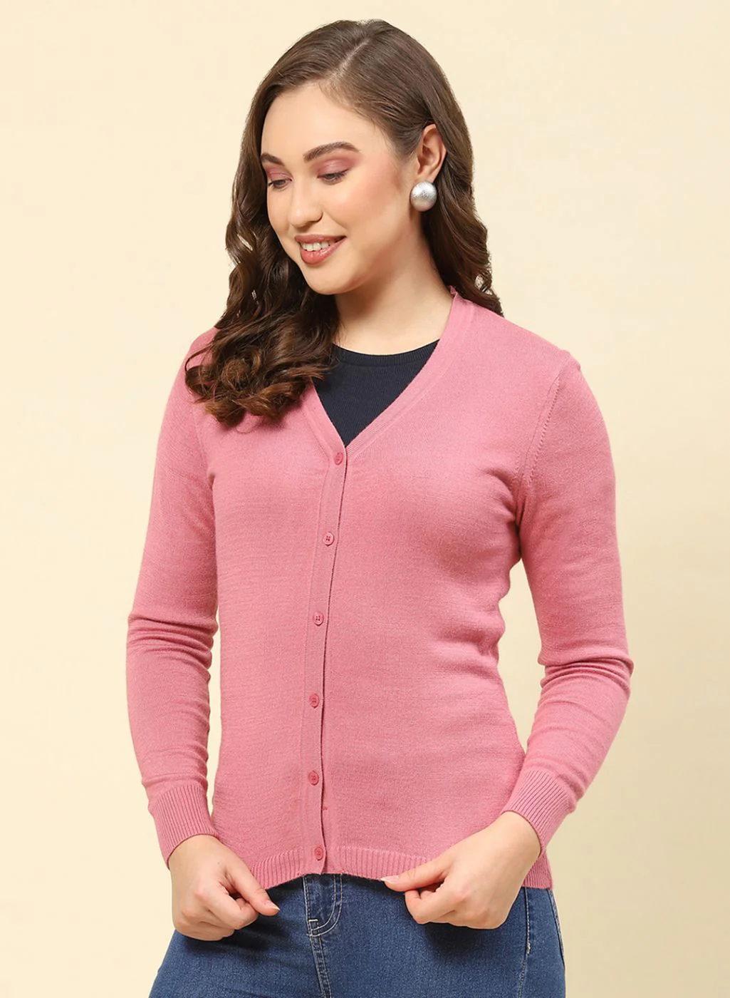 Women Pink Solid Modal Nylone Cardigan - Image 3