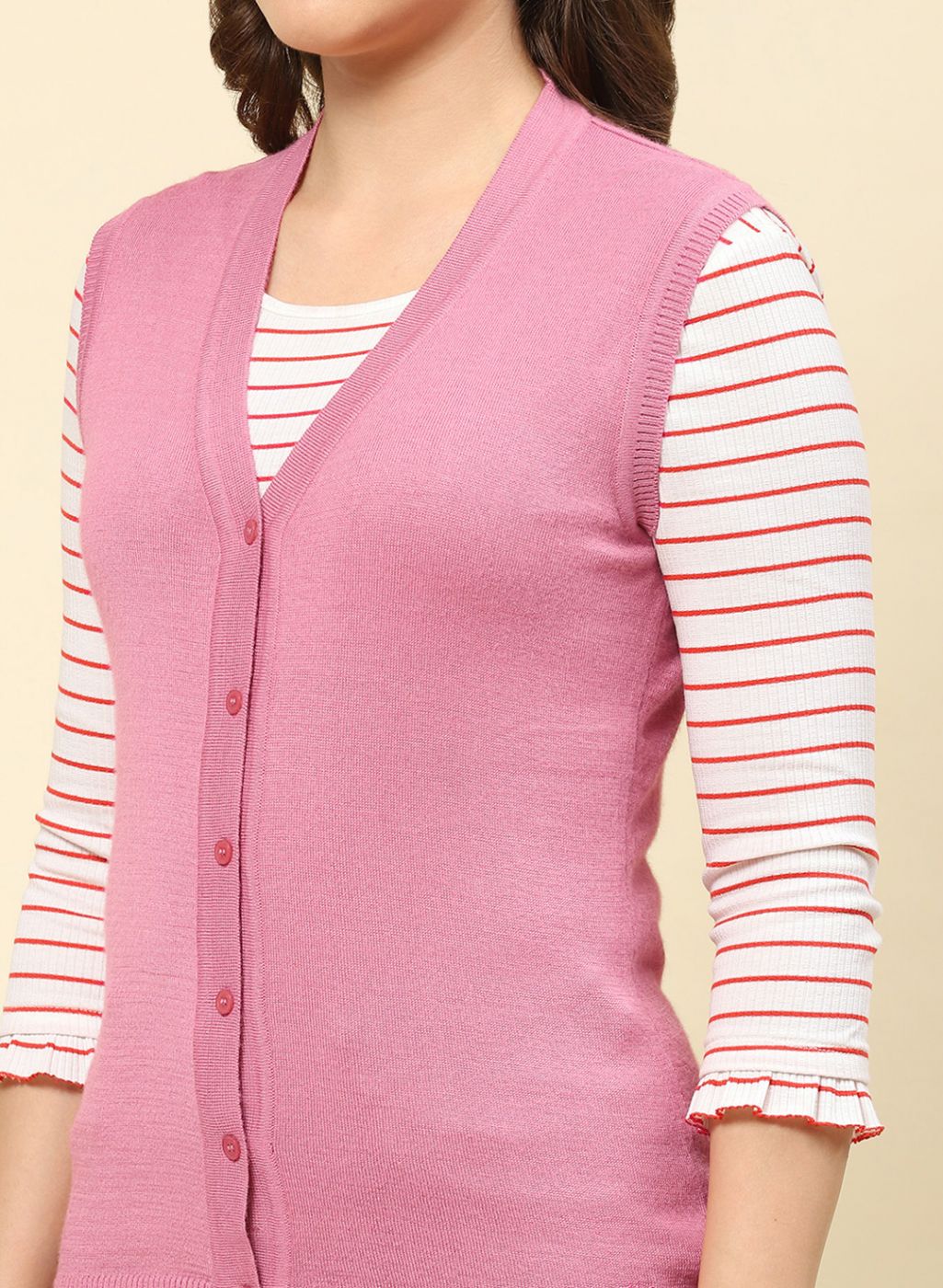 Women Pink Solid Modal Nylone Cardigan - Image 6