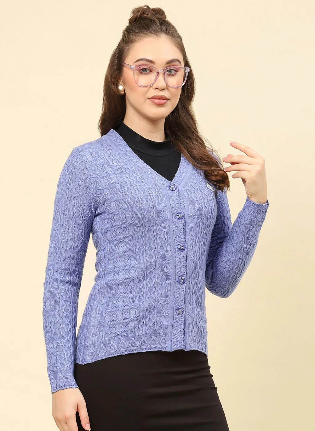 Women Purple Self Design Blend wool Cardigan - Image 4