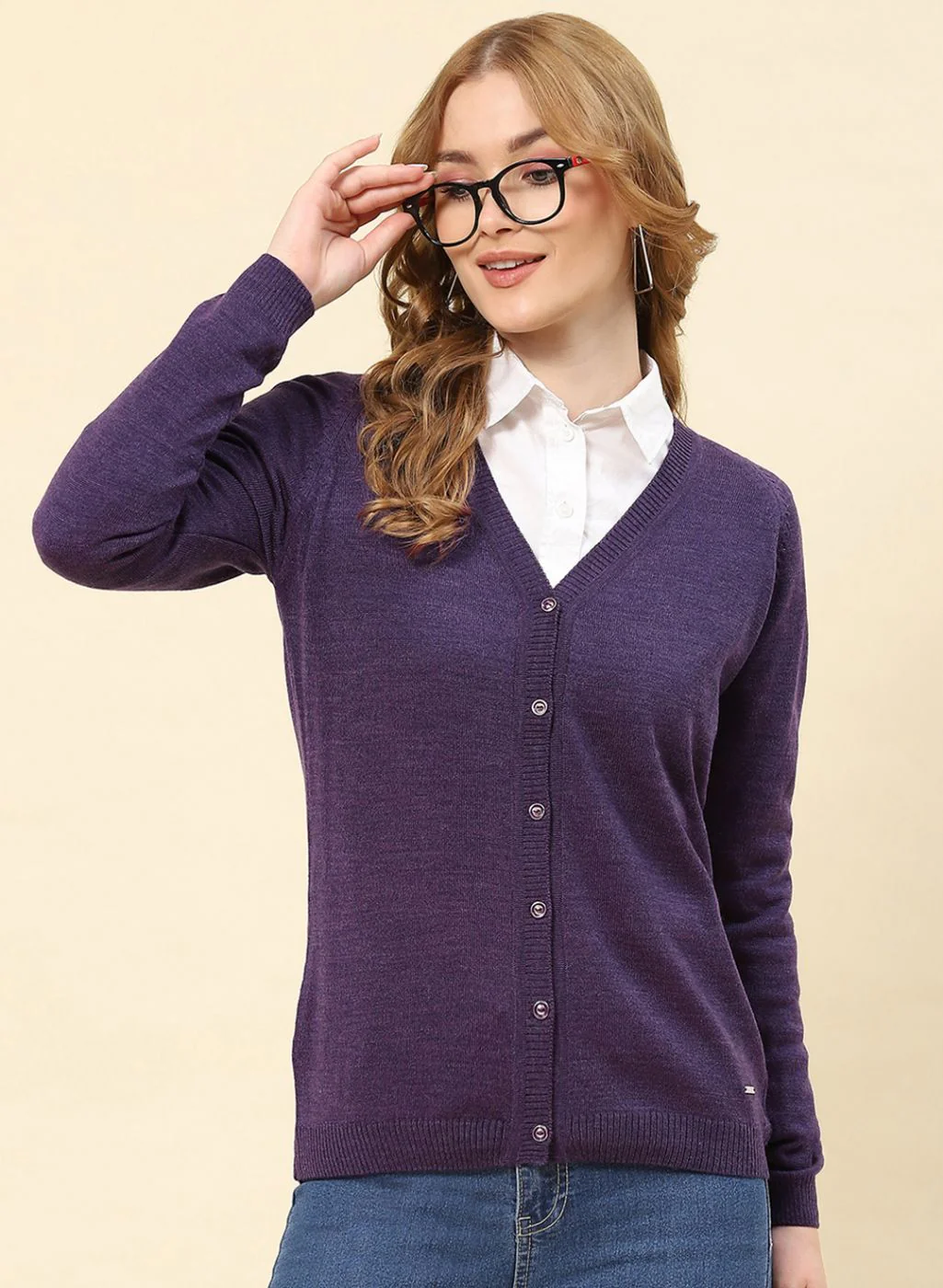 Women Purple Solid Blend wool Cardigan - Image 2