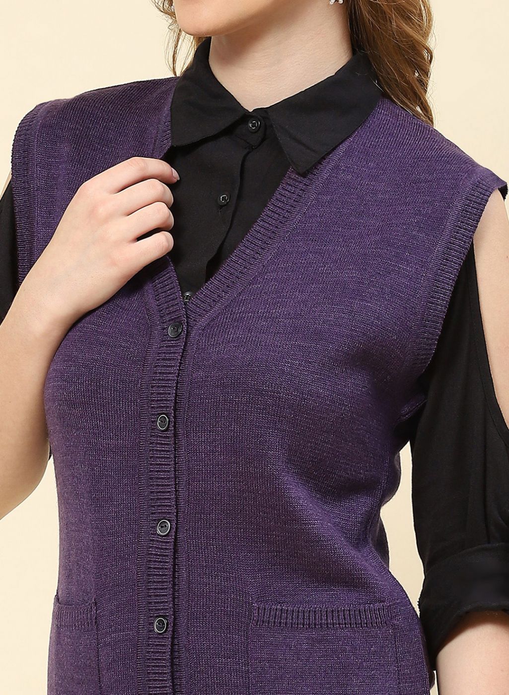 Women Purple Solid Blend wool Cardigan - Image 6