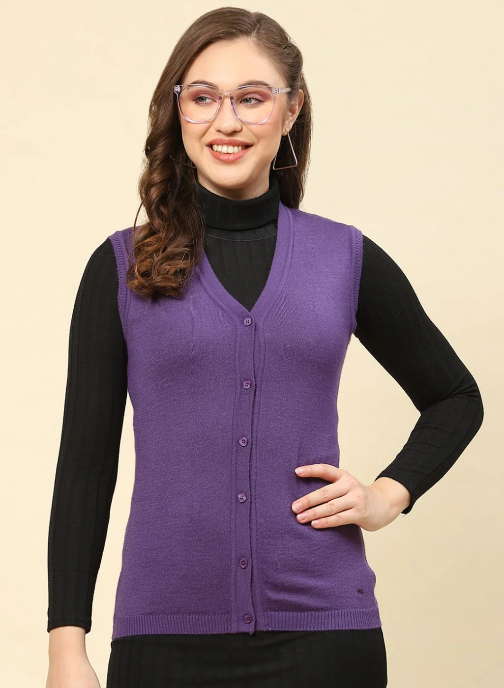 Women Purple Solid Modal Nylone Cardigan - Image 2