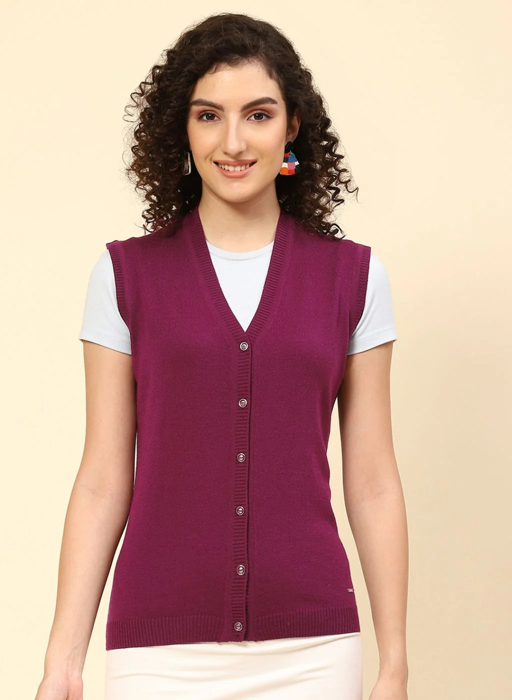 Women Purple Solid Wool blend Cardigan - Image 2
