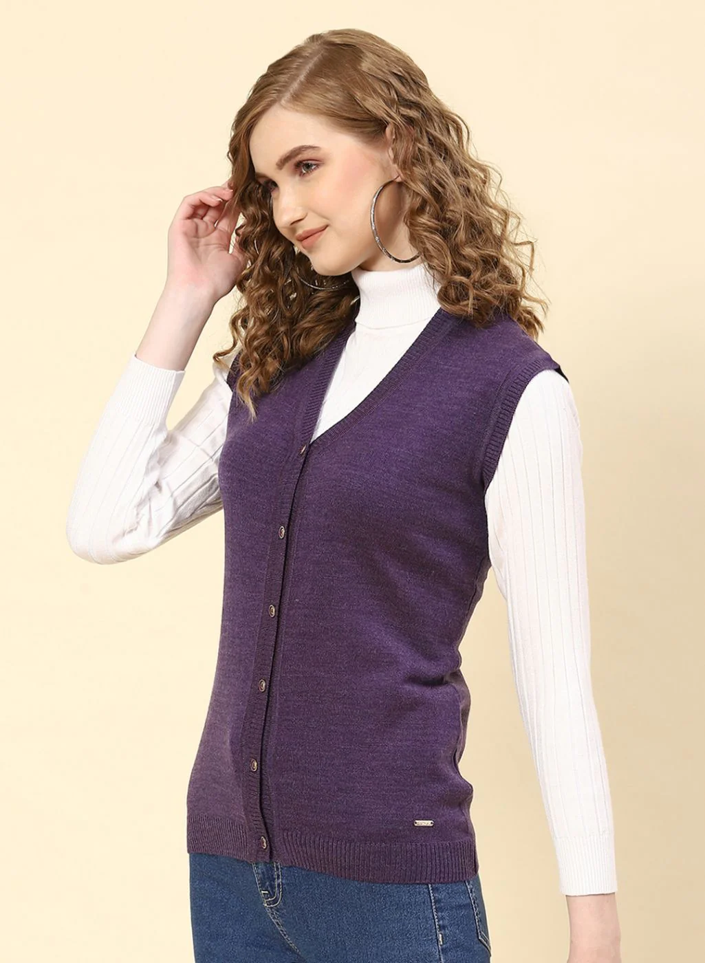 Women Purple Solid Wool blend Cardigan - Image 3