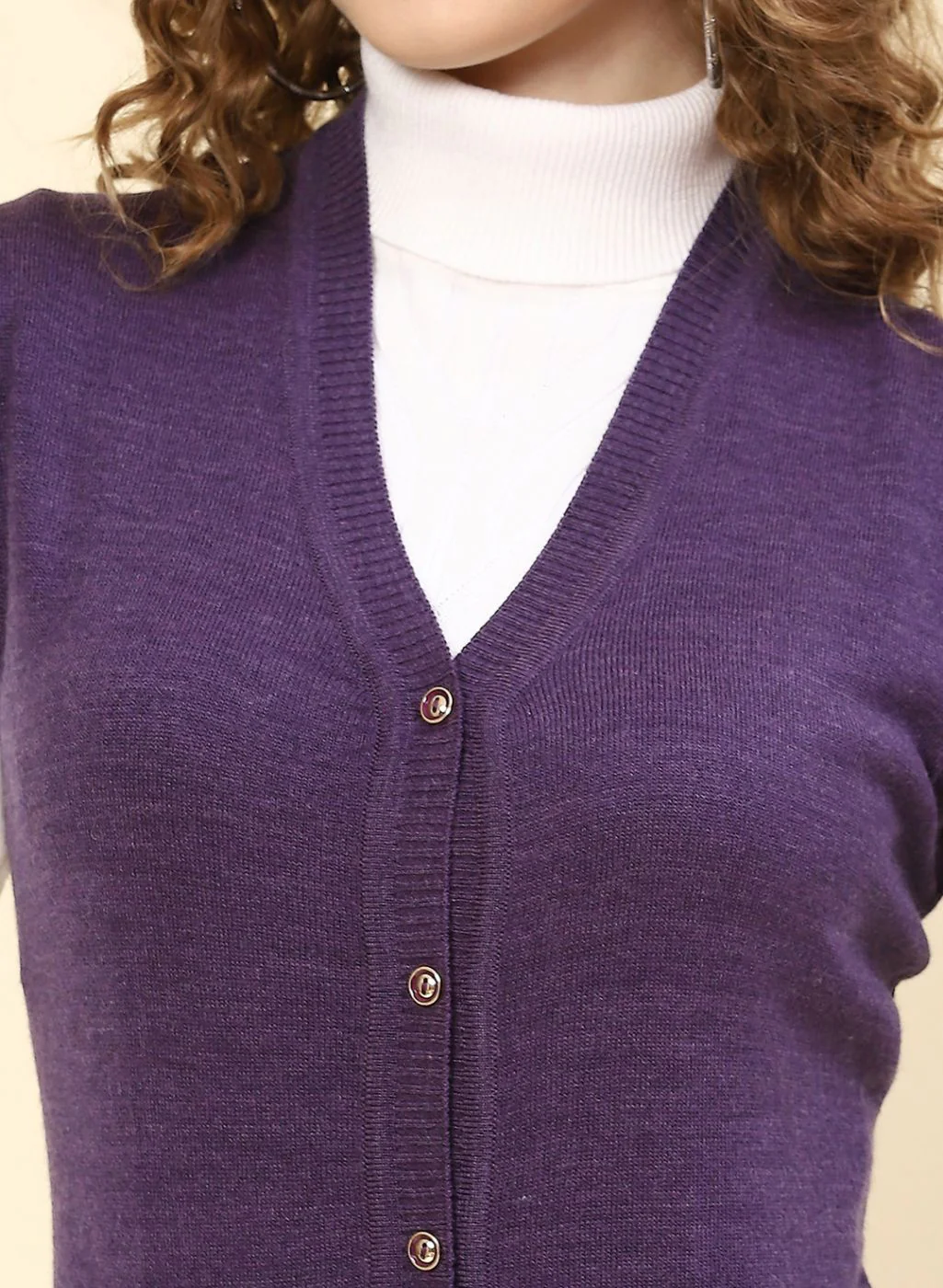 Women Purple Solid Wool blend Cardigan - Image 6