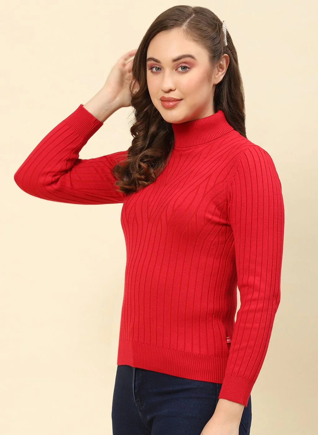 Women Red Self Design Blend wool Winter Top - Image 3