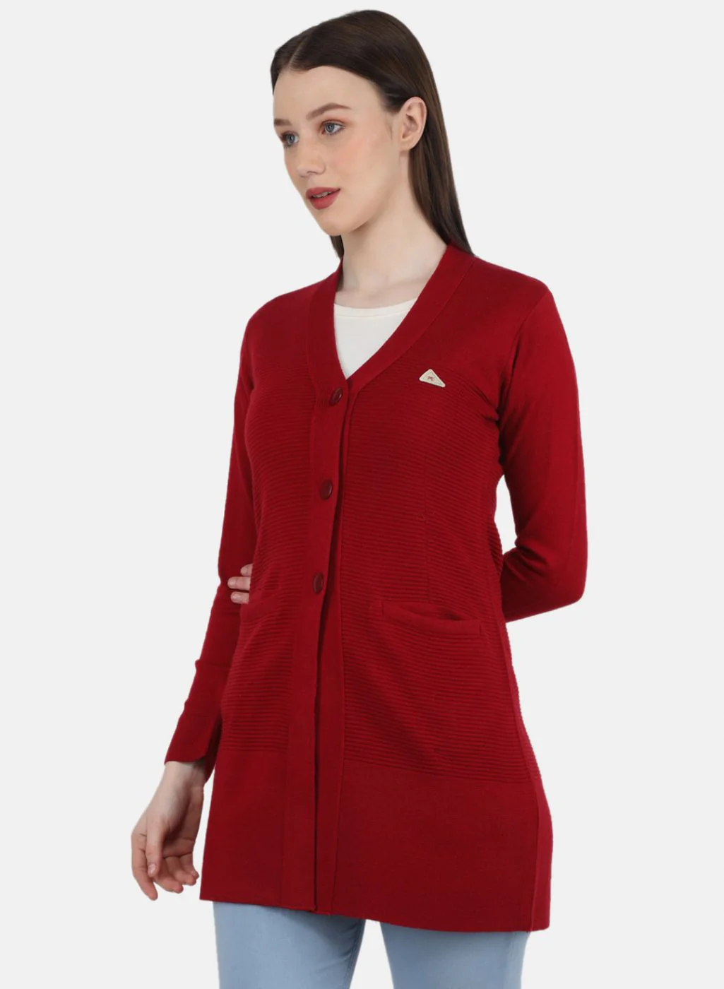 Women Red Self Design Cardigan - Image 2