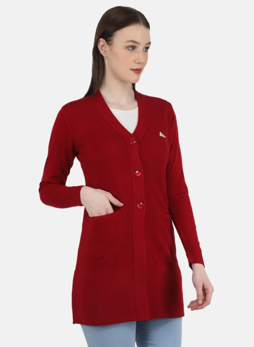 Women Red Self Design Cardigan - Image 6