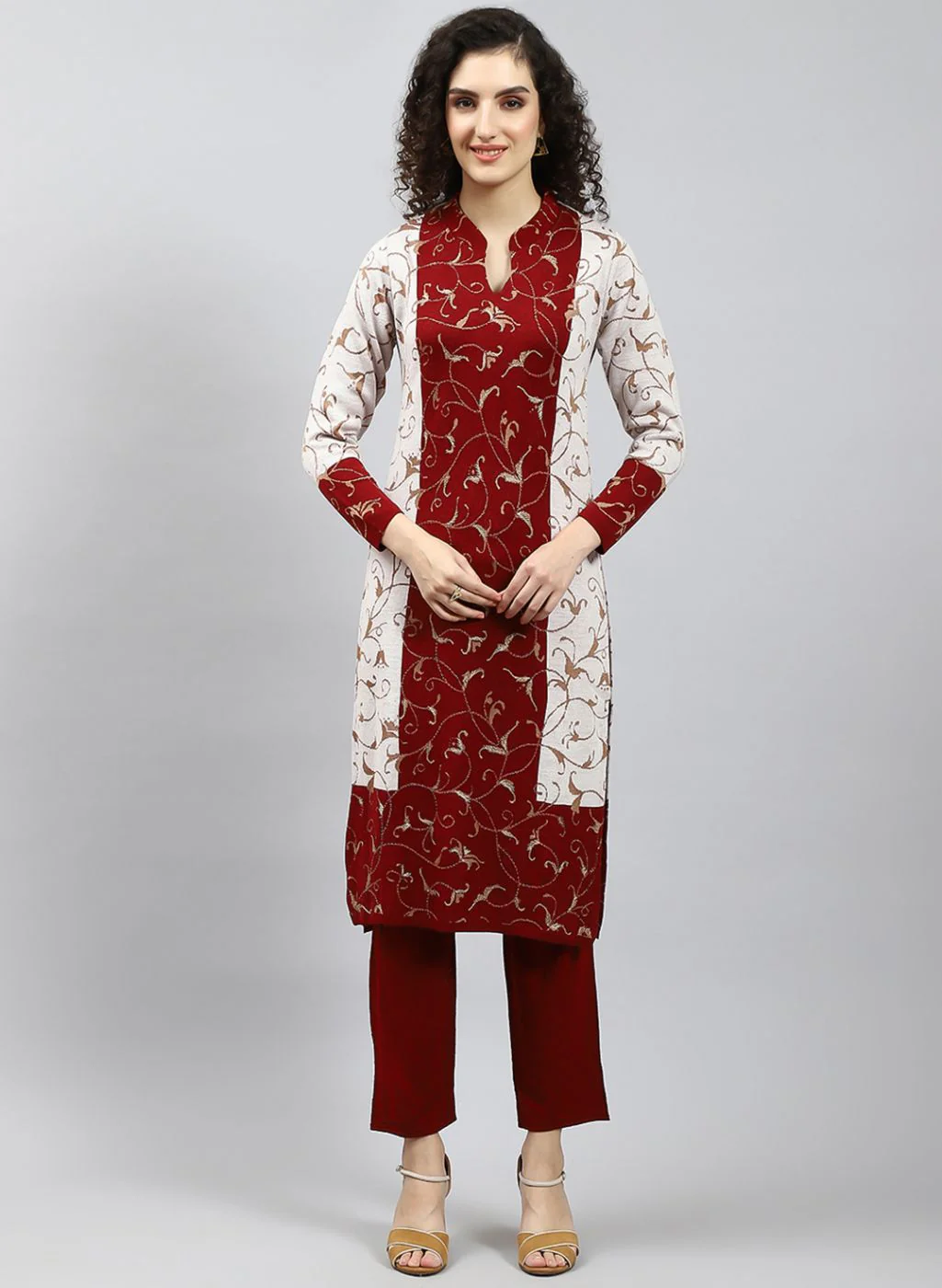 Women Red Self Design Kurti+Lower Set for Winter - Image 2
