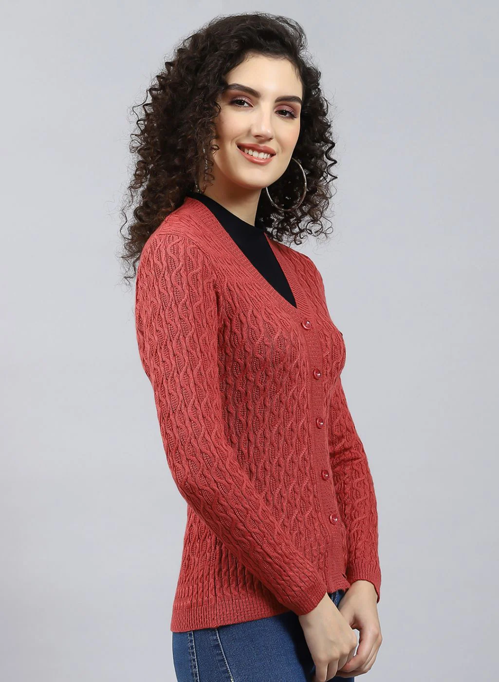 Women Red Self Design Wool blend Cardigan - Image 4