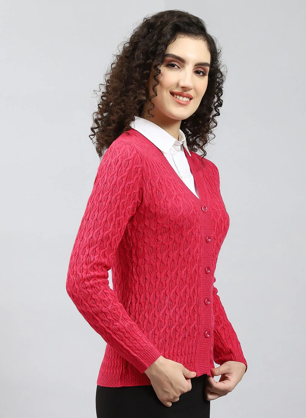 Women Red Self Design Wool blend Cardigan - Image 4