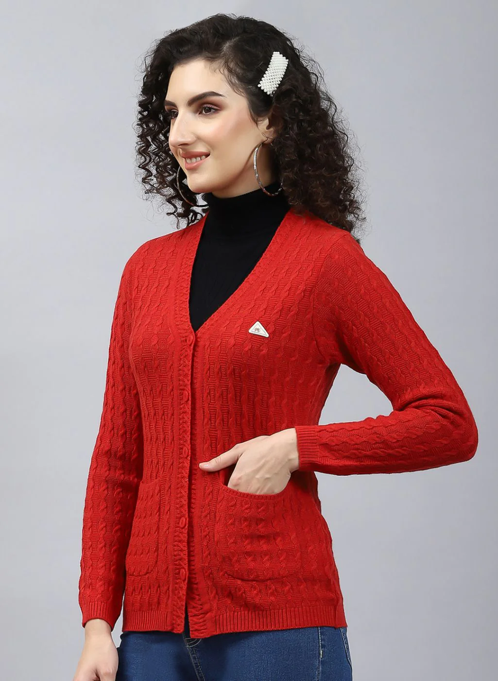 Women Red Self Design Wool blend Cardigan - Image 3