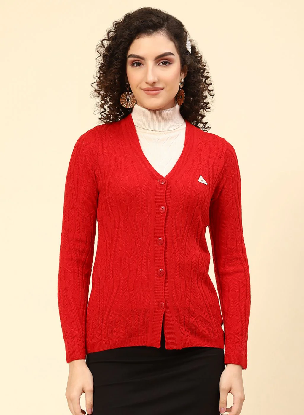 Women Red Self Design Wool blend Cardigan - Image 2
