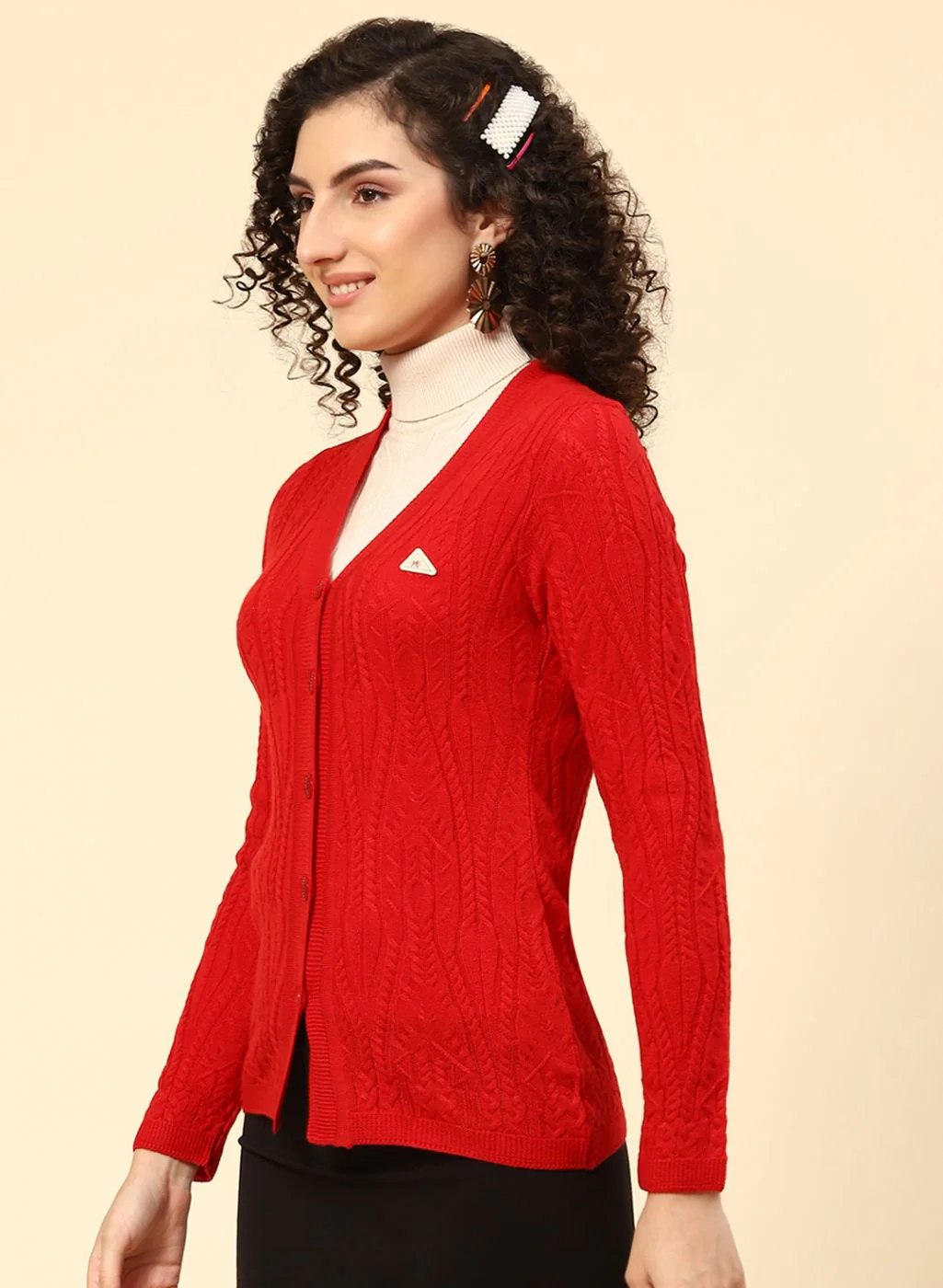 Women Red Self Design Wool blend Cardigan - Image 3