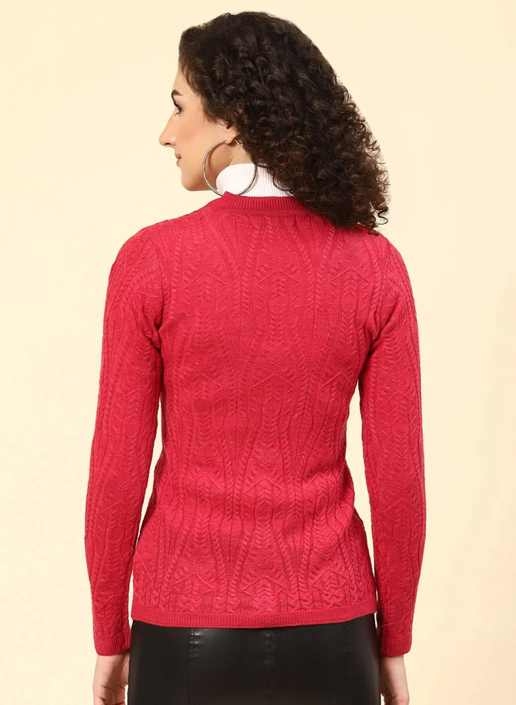 Women Red Self Design Wool blend Cardigan - Image 5