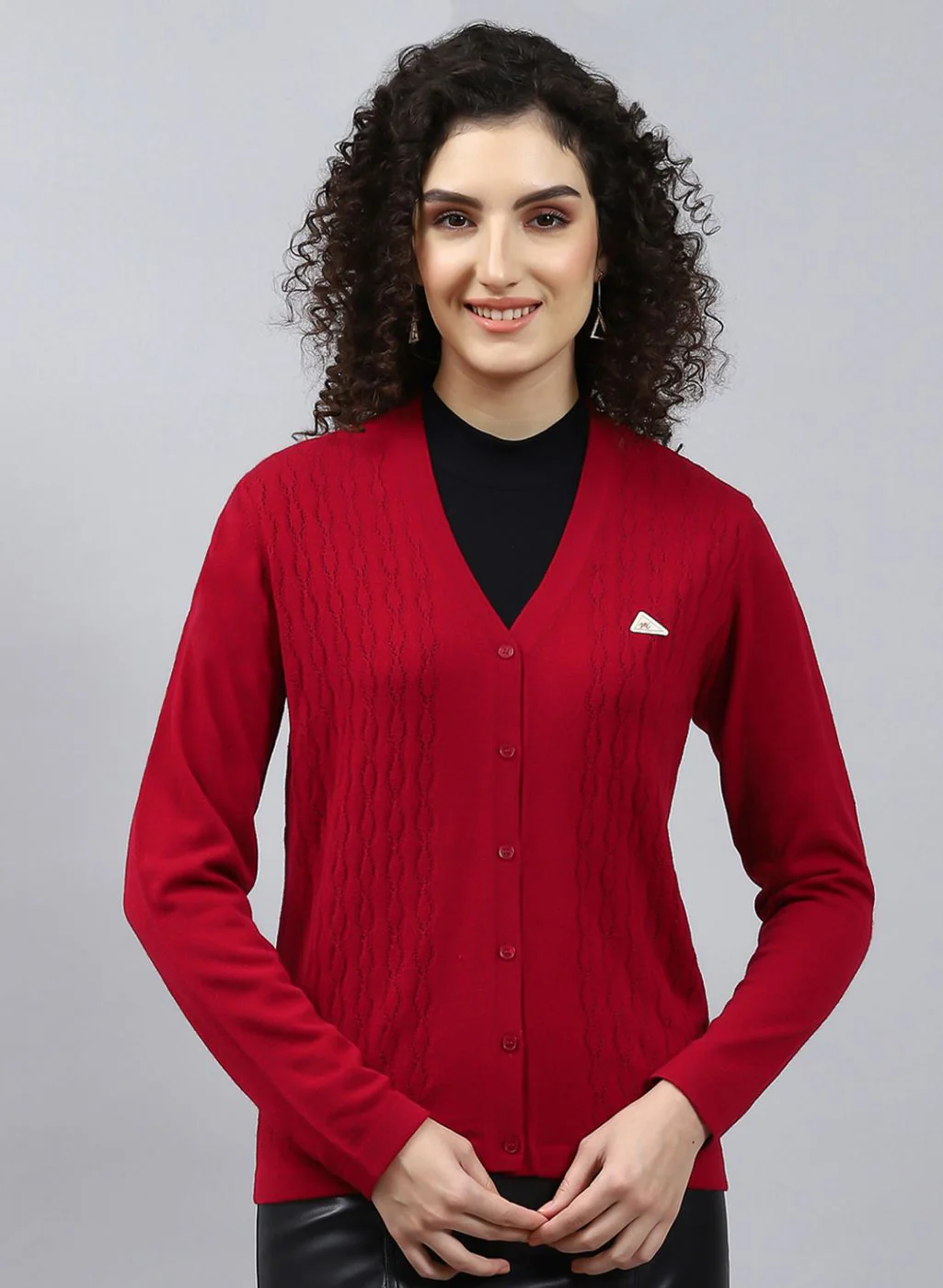 Women Red Self Design Wool blend Cardigan - Image 2