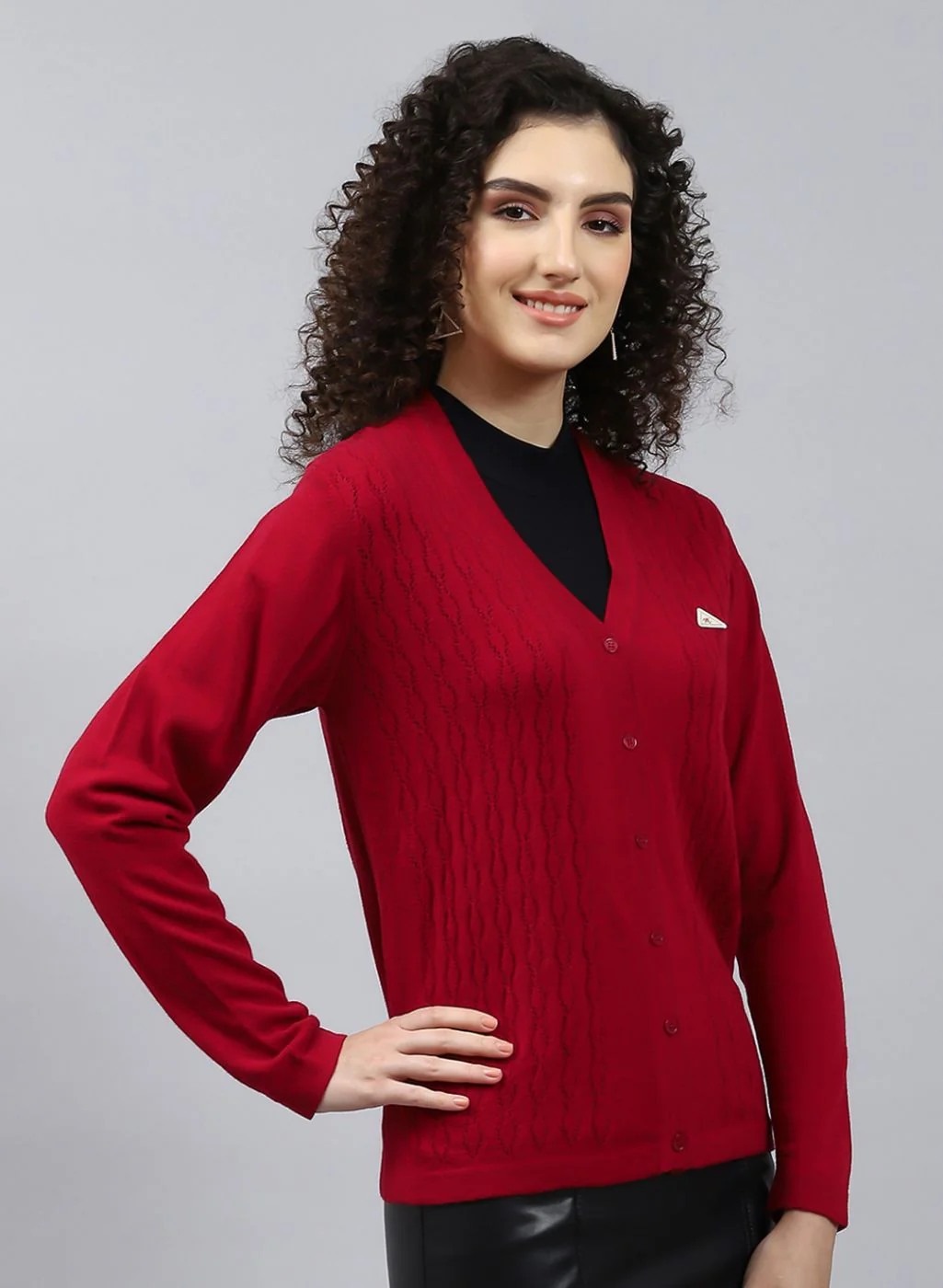 Women Red Self Design Wool blend Cardigan - Image 4